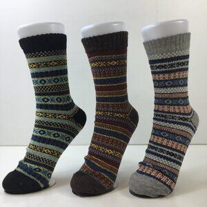 Womens Crew Socks Set 3 Fair Isle Nordic Pattern Blue Orange Gray Yellow Black